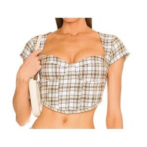 Danielle Guizio Tweed Knit Sweetheart Neck Crop Top Cap Sleeves Milkmaid Plaid S